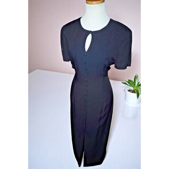 Vintage Donna Ricco Black Midi Dress Size 8 USA Made | 80s 90s Keyhole Neck - Picture 1 of 10